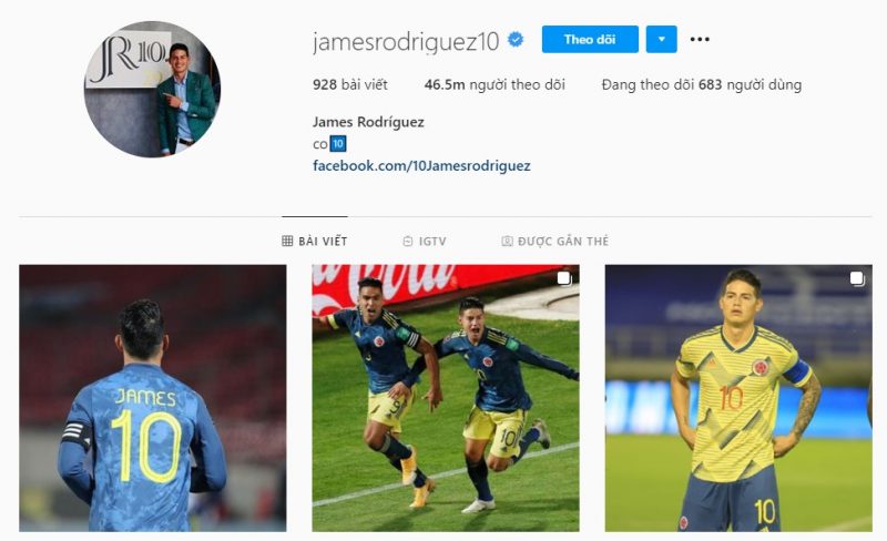 cầu thủ ảnh hưởng nhất trên mạng xã hội James Rodriguez (hơn 46 triệu người theo dõi)