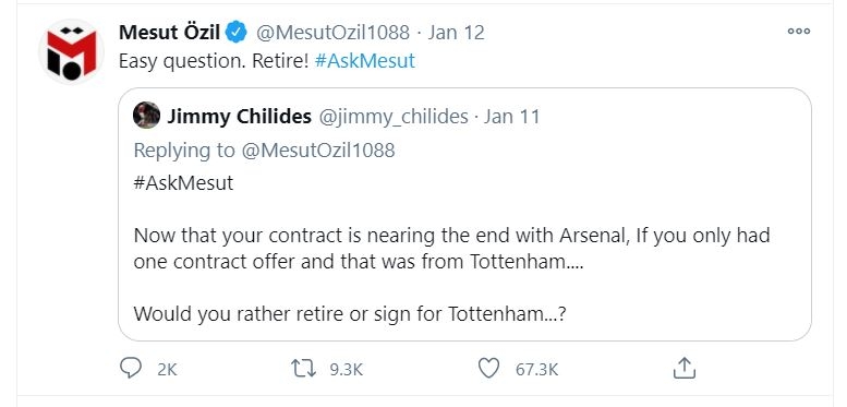 Dòng trạng thái của Ozil trên Twitter cá nhân