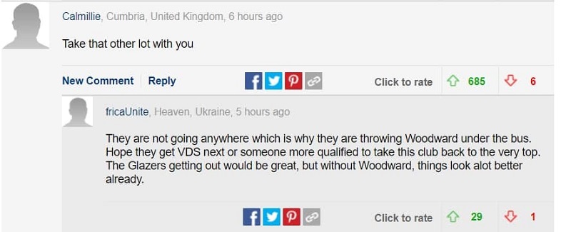 Phía dưới, tài khoản có tên Calmillie lập tức phản pháo với lời chế giễu: "Nhớ mang theo i-ốt bên người". Cổ động viên fricaUnite tỏ ra đồng tình khi nhận định: "Họ sẽ không đi đâu cả, đấy là lý do mà họ ném Woodward ra khỏi chiếc xe buýt. Hy vọng Man Utd sẽ mang Van der Saar về hoặc ai đó có khả năng đưa câu lạc bộ trở lại đỉnh cao. Sẽ thật tuyệt nếu nhà Glazers rời đi. Nhưng kể cả khi điều đó không xảy ra, chỉ cần Woodward không còn tại vị, mọi thứ đã trở nên tốt hơn rất nhiều rồi."