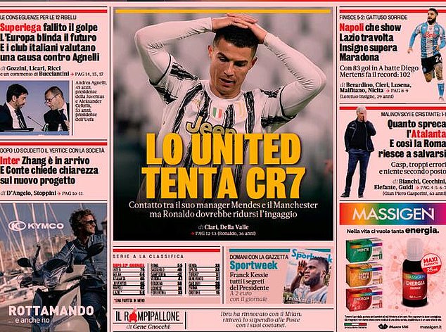 Trang bìa tờ Gazzetta dello Sport tuyên bố Man United đã liên hệ với đại diện của Ronaldo