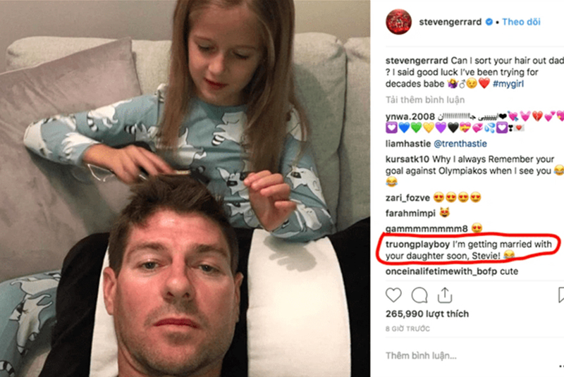 Dòng bình luận của Xuân Trường trên Instagram của Gerrard năm 2018