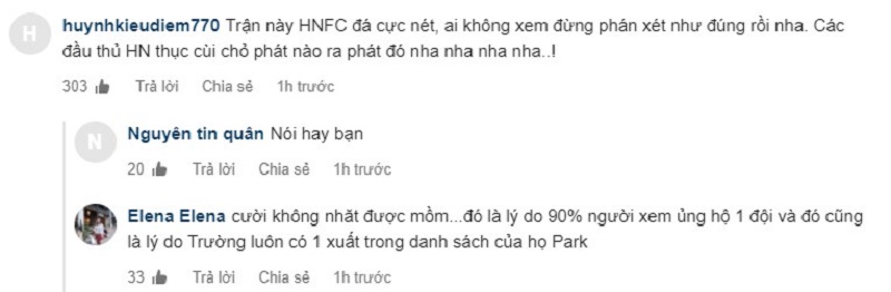 Nhiều người đồng tình với nhận xét có phần châm biếm trước lối chơi của CLB Hà Nội của tài khoản huynhkieudiem770