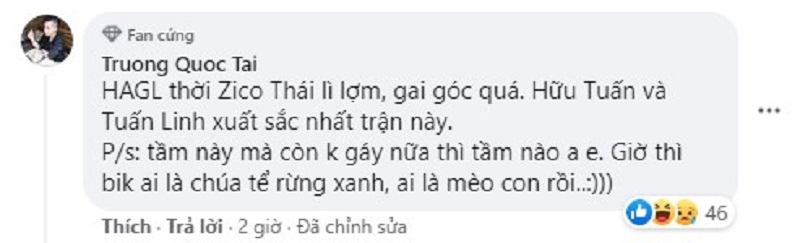 Tài khoản Truong Quoc Tai còn không quên thể hiện niềm vui khi HAGL đánh bại CLB Hà Nội