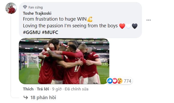 Toshe Trajkoski cảm thấy hạnh phúc khi chứng kiến các cầu thủ Man United thể hiện tinh thần mạnh mẽ khi ngược dòng đánh bại Tottenham