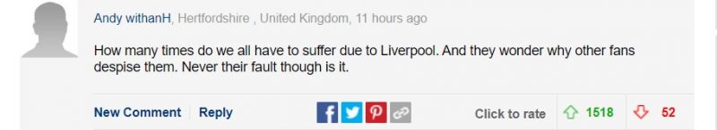 "Đã bao nhiêu lần chúng ta (fan bóng đá Anh) phải đau khổ vì Liverpool. Và họ vẫn cứ tự hỏi tại sao những người hâm mộ khác lại coi thường họ..." - bình luận nhận được hơn 1 nghìn lượt thích trên báo Anh cho thấy sự phẫn nộ của NHM về hành động của các fan Liverpool quá khích.