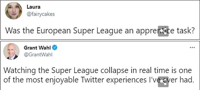 Hai tài khoản khác đăng trên wall của mình với hàm ý Super League sụp đổ là điều quá đúng đắn vào lúc này