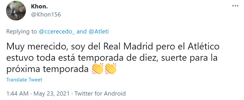 Là một fan của Real Madrid, nhưng tôi phải công nhận rằng mùa này Atletico Madrid xứng đáng vô địch với phong độ ổn định của mình. Xin chúc mừng!