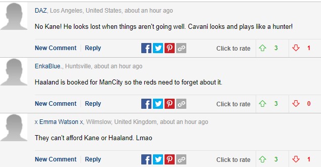 Nick EnkaBlue nói: "Haaland đã của Man City và MU hãy quên đi." Hay tài khoản DAZ đưa ý kiến: "Không có Kane không vấn đề. Cavani vẫn còn rất đẳng cấp."