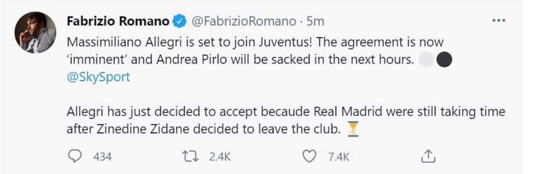 Dòng tweet của Romano về HLV tương lai của Juventus