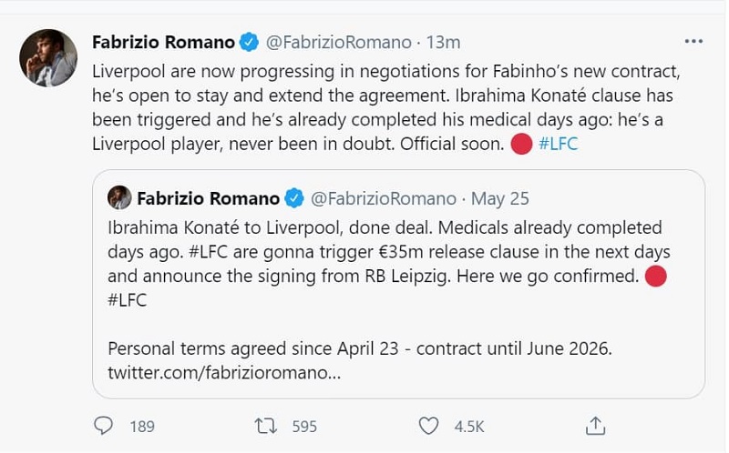Chuyên gia Fabrizio Romano đăng trên Twitter về hai thông tin chuyển nhượng liên quan đến Liverpool