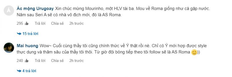Trên trang Vnexpress, độc giả Việt Nam tương tự khi tin rằng Mourinho có thể thành công cùng với Roma