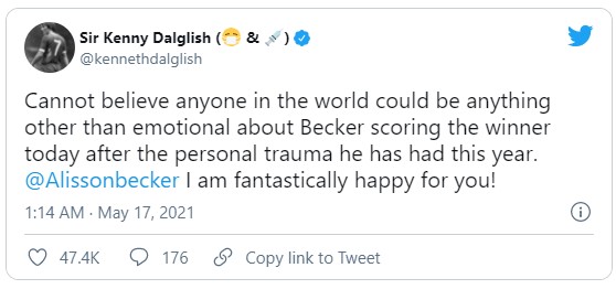 Anh ấy đã tweet: 'Không thể tin rằng bất cứ ai trên thế giới có thể có bất cứ điều gì khác ngoài cảm xúc về việc Becker ghi bàn thắng trong ngày hôm nay sau chấn thương cá nhân mà anh ấy đã gặp phải trong năm nay. @Alissonbecker Tôi rất mừng cho bạn!