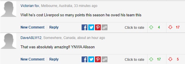 Cả hai tài khoản này đều vui mừng về bàn thắng quý giá của Alisson. Trong đó, Fox Victoria nhận định: "Chà, anh ấy đã tiêu tốn của Liverpool rất nhiều điểm trong mùa giải này, và anh ấy đã trả nợ thành công"