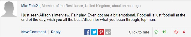Nickname MickFelix 21 xúc động khi xem cuộc phỏng vấn của Allison. CĐV này thừa nhận bàn thắng cuối trận đó rõ ràng trên cả tuyệt vời