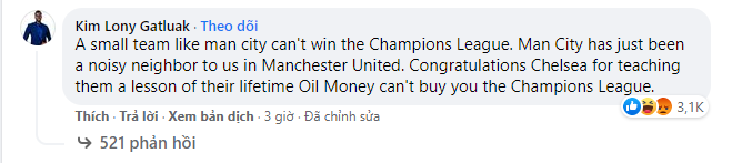 Bình luận thu hút đến hơn 3000 lượt like của CĐV Kim Lony, anh cho rằng Chelsea đã dạy Man City một bài học không phải cứ chi tiền là sẽ vô địch Champions League