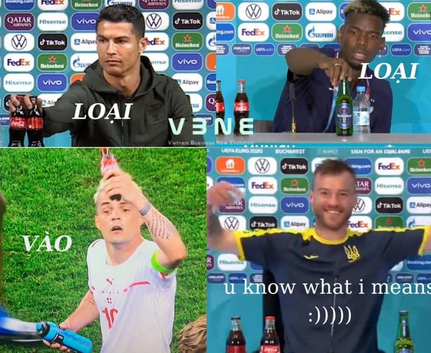 Học theo Ronaldo, ngôi sao tuyển Pháp Paul Pogba cũng giấu đi chai bia Heineken từ nhà tài trợ. Với những hành động như thế, Bồ Đào Nha và Pháp đều đã bị loại khỏi EURO 2021 ngay từ vòng 1/8. Đơn giản hai ngôi sao kể trên vi phạm "điều cấm" vì dám đụng đến những đồ vật trên bàn của nhà tài trợ. Trong khi đó, Yarmolenko của Ukraine lại tỏ ra vui mừng đến chai Coca Cola trên bàn. Kết quả Ukraine đã đi đến tứ kết