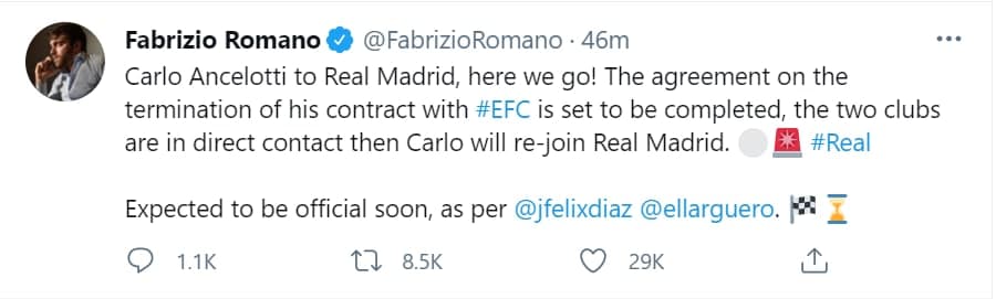 Nhà báo Fabrizio Romanoxác nhận thông tin HLV Ancelotti sẽ thay thế Zidane