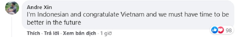 CĐV Andre Xin (Indonesia): "Tôi là người Indonesia, nhưng tôi vẫn chúc mừng Việt Nam. Đội tuyển của chúng tôi cần thêm thời gian để mạnh mẽ hơn trong tương lai"