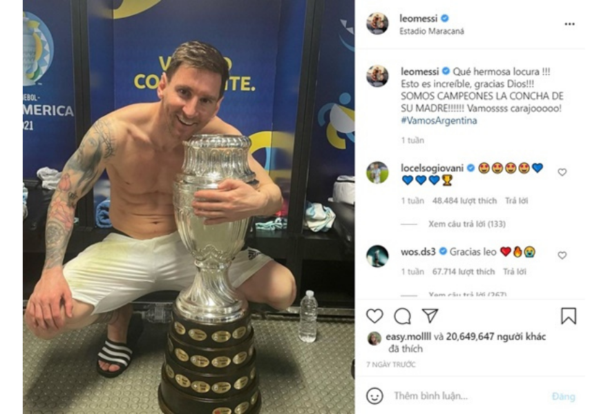 Bức ảnh Messi chụp cùng chiếc cúp Copa America trở thành bức ảnh thể thao có nhiều lượt thích nhất trên Instagram
