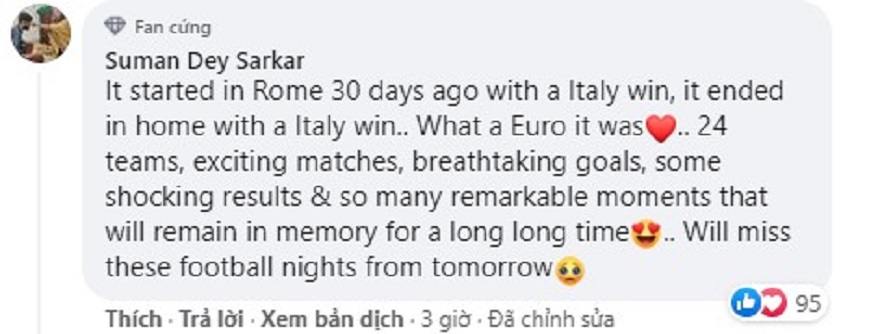 Một bình luận trên FB có lượt like rất cao mang hàm ý chúc mừng đội tuyển Ý trong một kỳ Euro mà họ đã là người chơi xuất sắc nhất