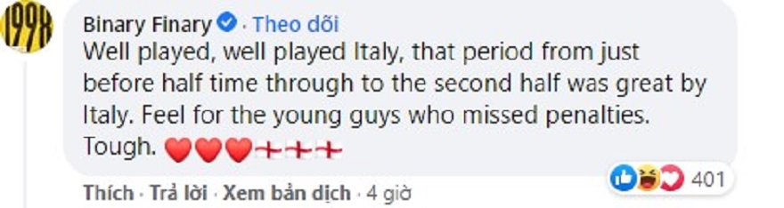 Thêm một comment trên FB cũng thu hút rất nhiều lượt Like khi chúng mừng đội tuyển Ý lên ngôi vô địch