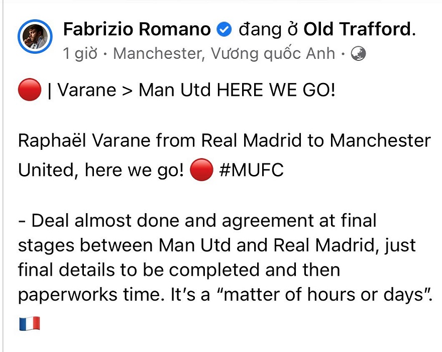 Fabrizio Romano xác nhận: Real Madrid đồng ý bán Varane cho Man United