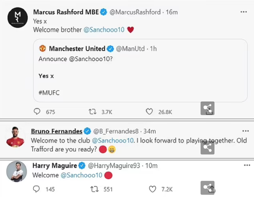 Các trụ cột của MU như Rashford, Fernandes và Maguire đồng loạt chúc mừng Sancho