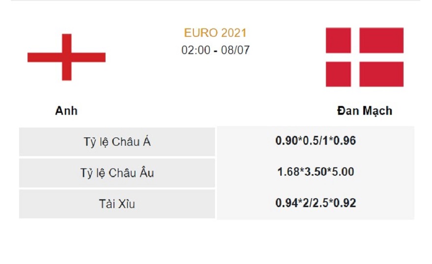 Các tỉ lệ cược phổ biến nhất của trận Anh vs Đan Mạch