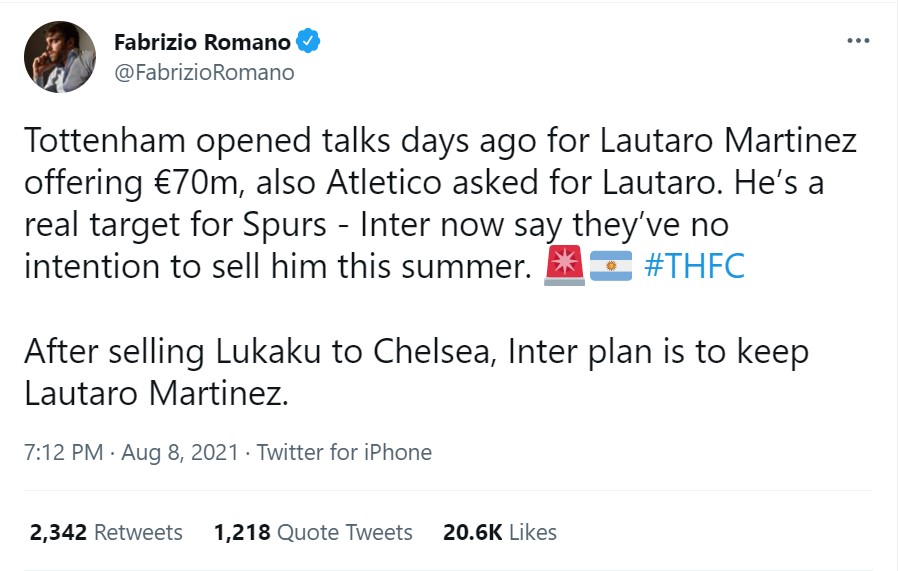 Dòng tweet mới nhất của Fabrizio Romano đã khẳng định tin Tottenham mua Lautaro Martinez là có thật