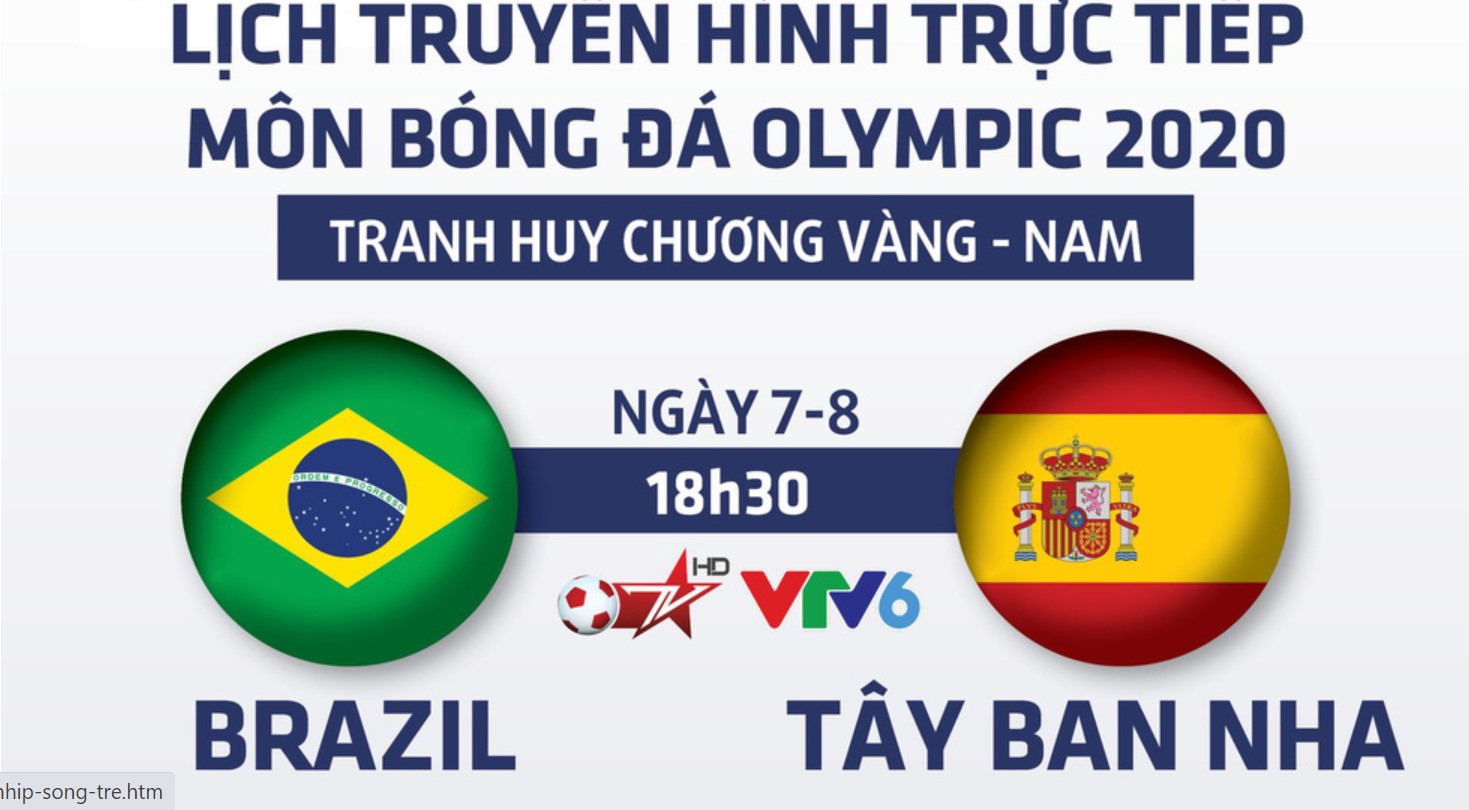 Trận chung kết bóng đá nam Olympic 2021 Brazil vs Tây Ban Nha sẽ được truyền hình trực tiếp trên VTV6 và nhiều hệ thống phát sóng trực tuyến khác vào lúc 18h30 chiều 07/08