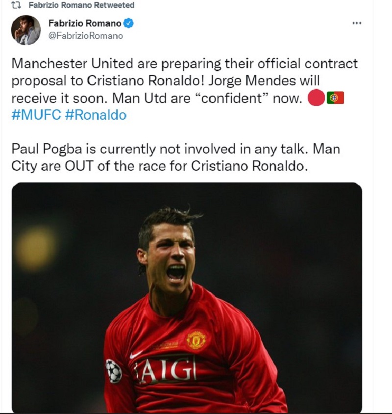 Dòng tweet mới nhất của Fabrizio Romano về việc Man United một mình một ngựa trong thương vụ Ronaldo