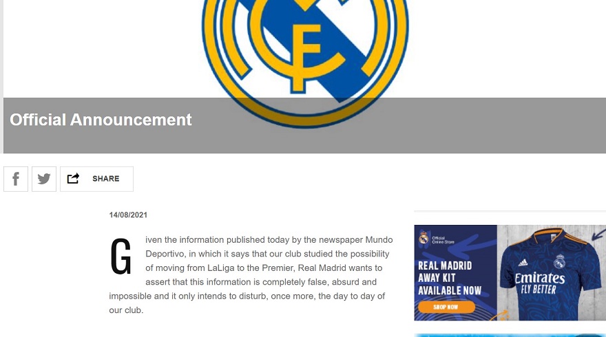 Thông báo trên trang chủ của Real Madrid ghi rõ thông tin mà Mundo Deportivo đăng tải là hoàn toàn sai sự thật