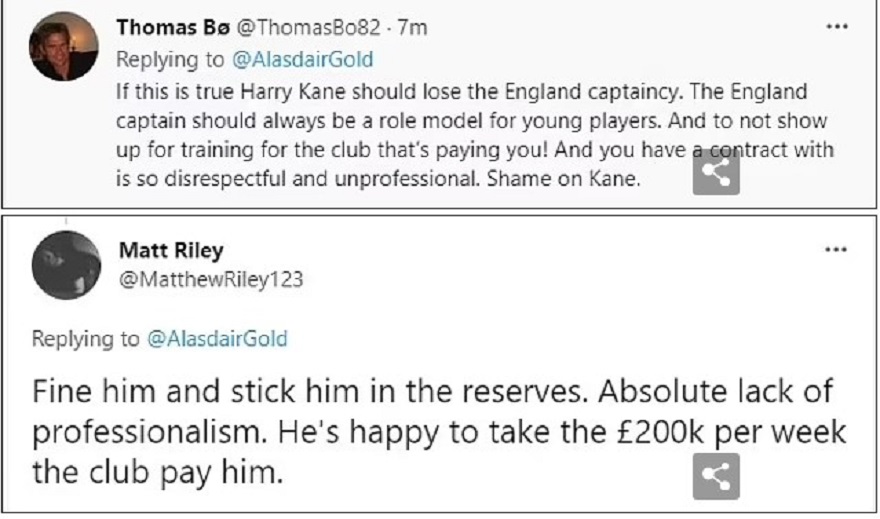 Trên Twitter đã tràn ngập những lời chỉ trích Kane khi cho rằng anh thiếu chuyện nghiệp và không còn xứng đáng là một cầu thủ lớn.