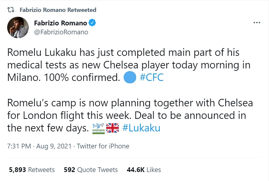 Thông tin Lukaku kiểm tra y tế ở Italia trước khi bay sang Anh ký hợp đồng với Chelsea đã được xác nhận