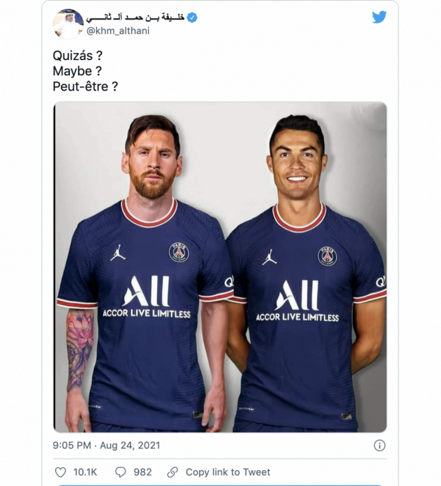 Hình ảnh Ronaldo khoác áo PSG bên cạnh Messi được Khalifa Bin Hamad Al-Thani đăng tải trên Twister