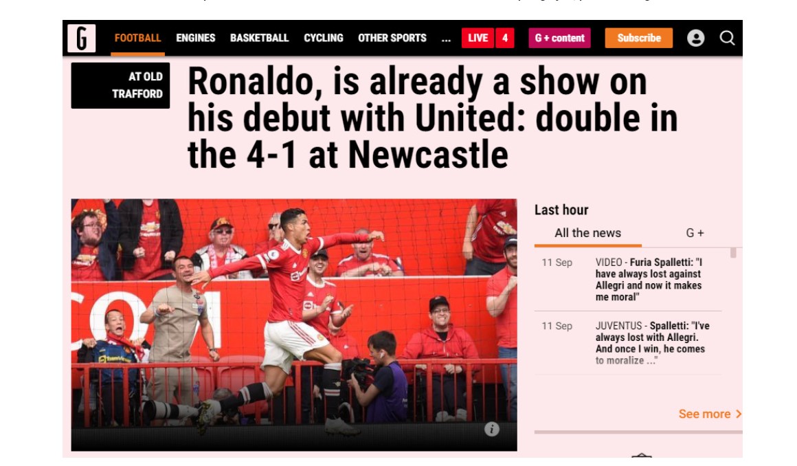 Trong khi đó Gazzetta dello Sport - tờ báo thể thao hàng đầu xứ mỳ ống là cũng ca ngợi: “Ronaldo đã có một show diễn thực sự trong ngày tái xuất với Man United: đó là cú đúp ở thắng lợi 4-1 trước Newcastle”