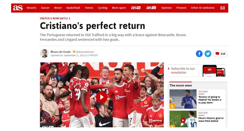 Tờ AS lại dùng từ “hoàn hảo” để nói về sự trở lại của Ronaldo với Man United. Trong bài viết của mình, tờ báo này cho rằng sự phấn khích mà CR7 tạo nên ở Man United là không gì có thể so sánh. Cách anh ăn mừng bàn thắng cho thấy khát khao của một ngôi sao lớn dù năm nay đã 36 tuổi