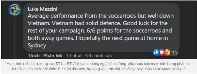 Một bình luận tiêu biểu khen đội tuyển Việt Nam