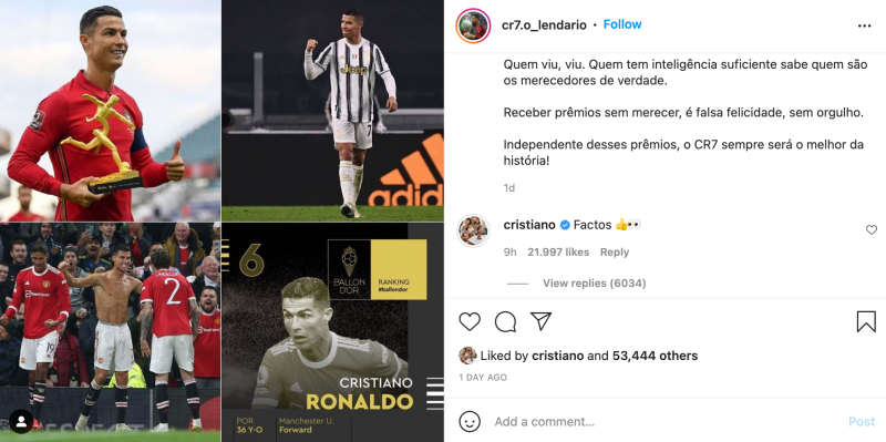 Ronaldo comment "sự thật" trong bài đăng tố Messi không xứng đáng với Quả bóng vàng 2021