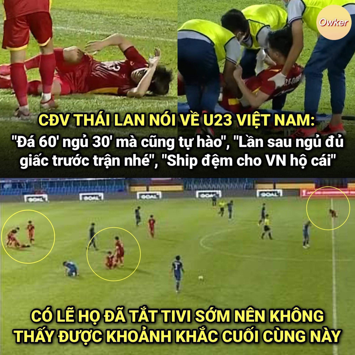 Hình ảnh cho thấy các cầu thủ U23 Việt Nam đổ gục sau khi trận đấu kết thúc. Nguồn: Owker