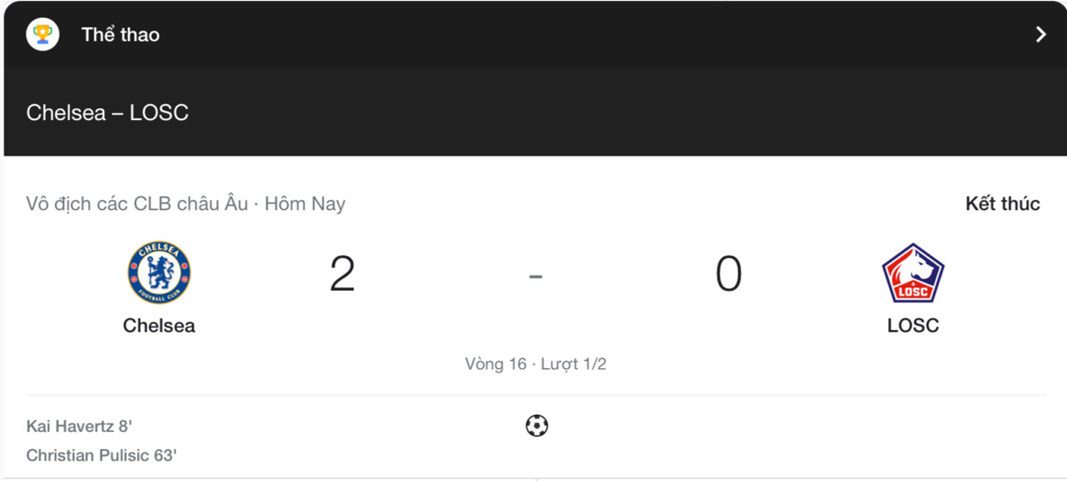 Kết quả Chelsea vs Lille 3h ngày 23/2