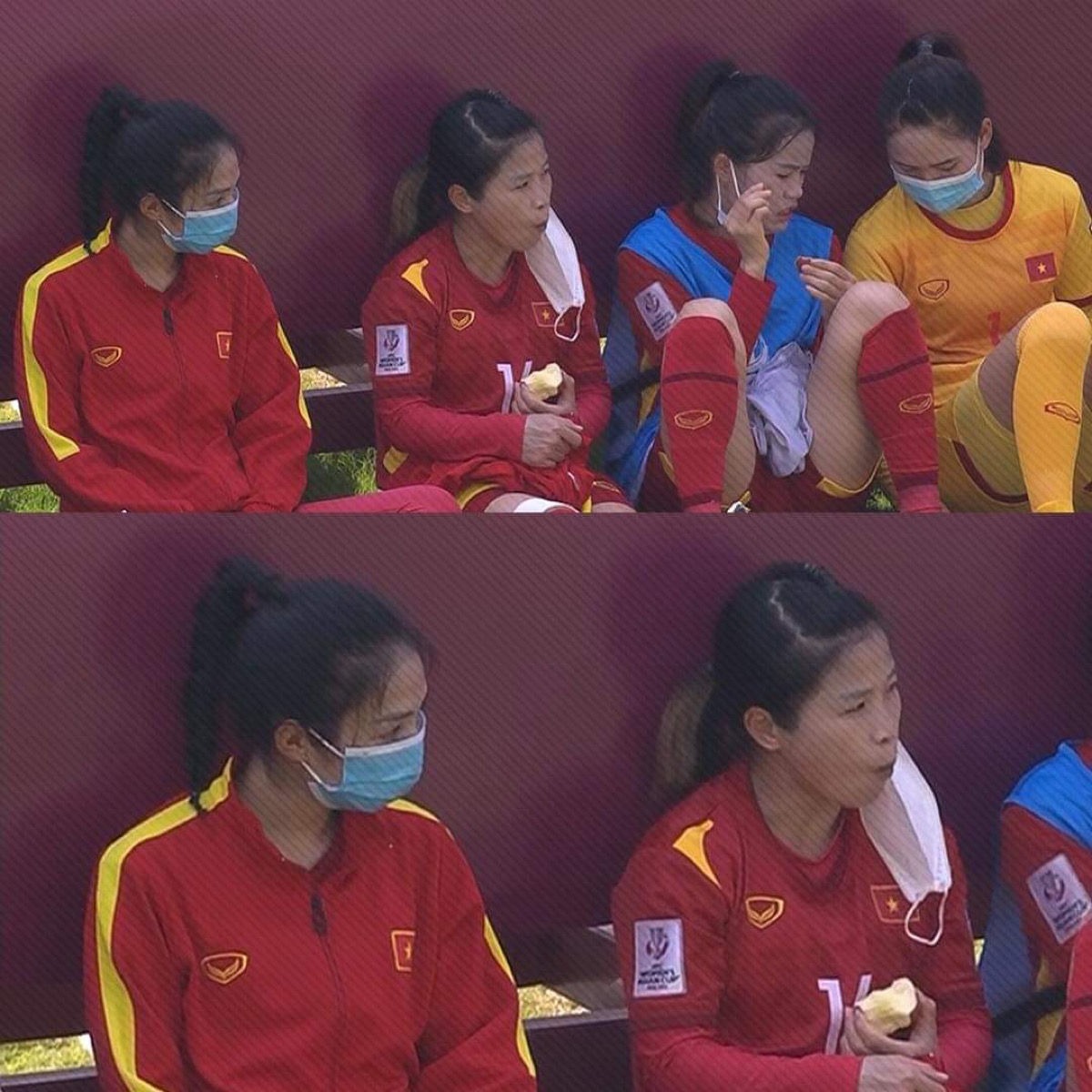 Các nữ tuyển thủ Việt Nam tranh thủ nạp năng lượng bên ngoài sân