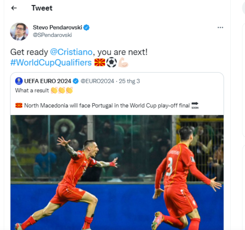 Tổng thống Bắc Macedonia cảnh báo Ronaldo và Bồ Đào Nha trên chính trang cái nhân twitter của mình