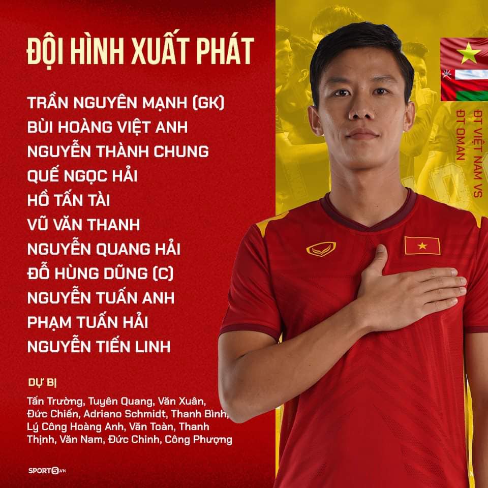 Đội hình ra sân chính thức của đội tuyển Việt Nam (Ảnh: Sport5)