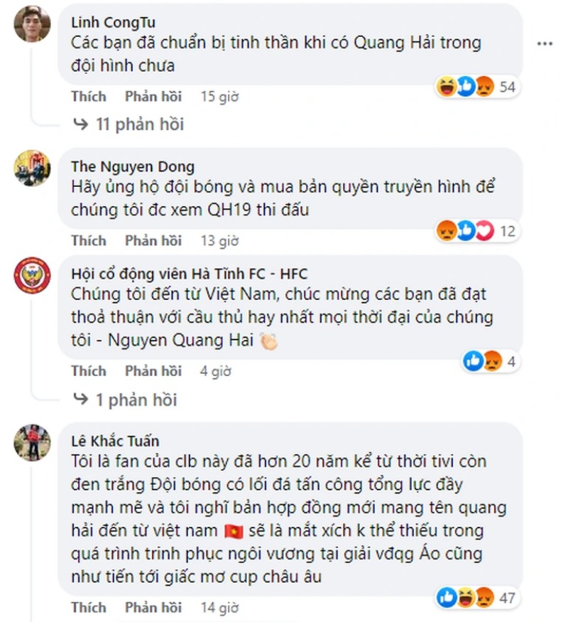 CĐV Việt Nam để lại bình luận trong fanpage của LASK