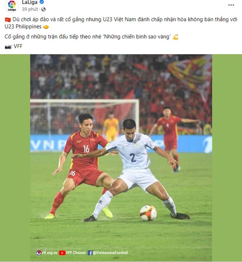Trang thủ La Liga động viên U23 Việt Nam sau trận hòa U23 Philippines