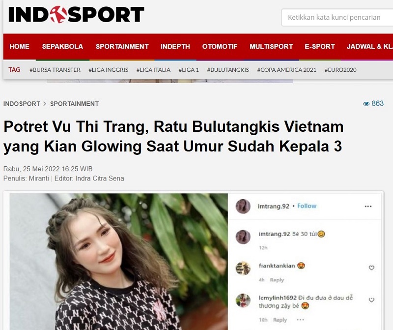 Tờ Indosport của Indonesia phát sốt vì Vũ Thị Trang 