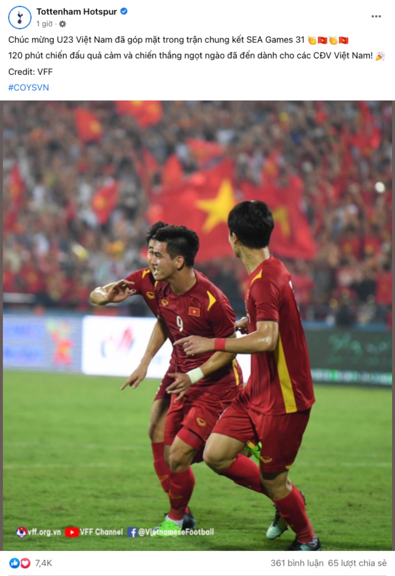 Tottenham Hotspur ca ngợi tinh thần chiến đấu của U23 Việt Nam