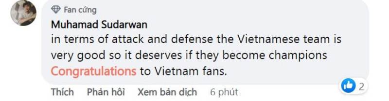"U23 Việt Nam rất hay cả về mặt tấn công lẫn phòng ngự nên vô địch thì xứng đáng. Chúc mừng người hâm mộ Việt Nam"