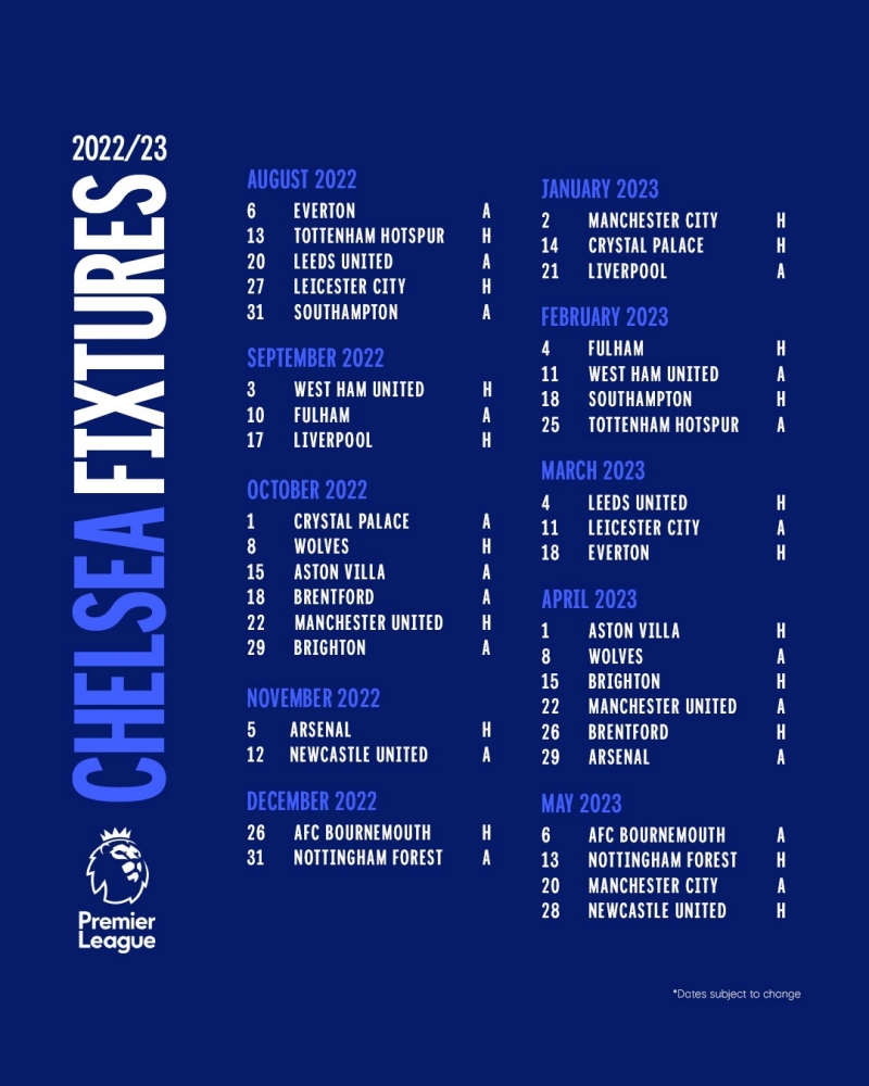 Lịch thi đấu Ngoại hạng Anh 2022/23 trọn mùa của Chelsea